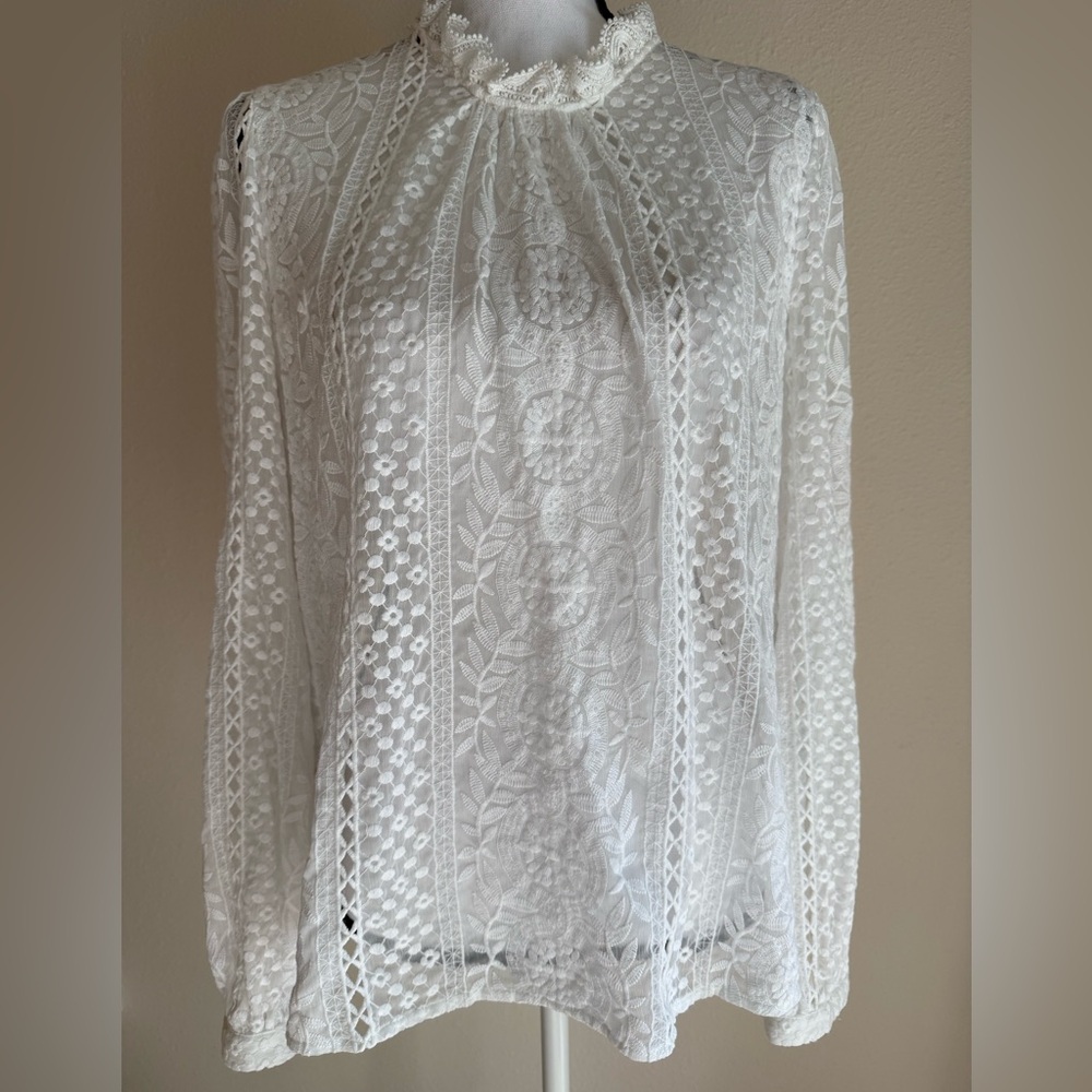 Sezane Elegant White Lace Blouse, US Sz 14 / EU Sz 46 EUC